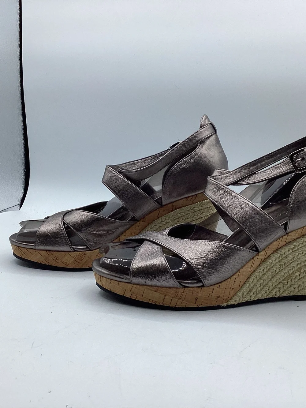 Cole Haan Marisa Gunsmoke Pewter Leather Cork Platform Sandals Women’s Size 7B